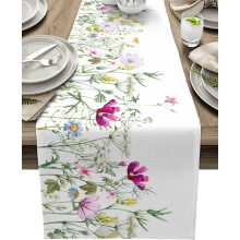 Chemin de table en lin et coton à motifs de fleurs sauvages, 33 x 274 cm, pour table à manger, cuisine de style campagnard et décoration de fêtes