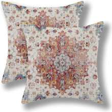Boho-Kissenbezüge, 45 x 45 cm, 2er-Set, Leinen-Kissenbezüge in gebranntem Orange mit Outdoor-Teppichmuster – Vintage-Ethno-Boho-Dekor
