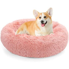 Calming Donut Dog Bed for Small to Medium Dogs & Cats - Plush Faux Fur Anti-Anxiety Pet Bed with Machine Washable Cover & Non-Slip Base