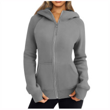 Elabch Damen-Fleece-Kapuzenjacke mit Reißverschluss, lässiges Langarm-Sweatshirt, warm, schmal geschnitten, einfarbig, mit Daumenlöchern und