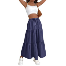 Gonna da donna a vita alta, fluida, a balze, in lino, casual, plissettata, a trapezio, lunga da spiaggia con laccetti, blu navy, taglia S