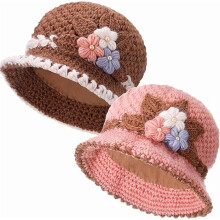 Dikke Franse gebreide muts voor dames, gehaakte bucket hat met winterbloemen en fleecevoering – warme wollen muts (2 stuks, roze + paars)