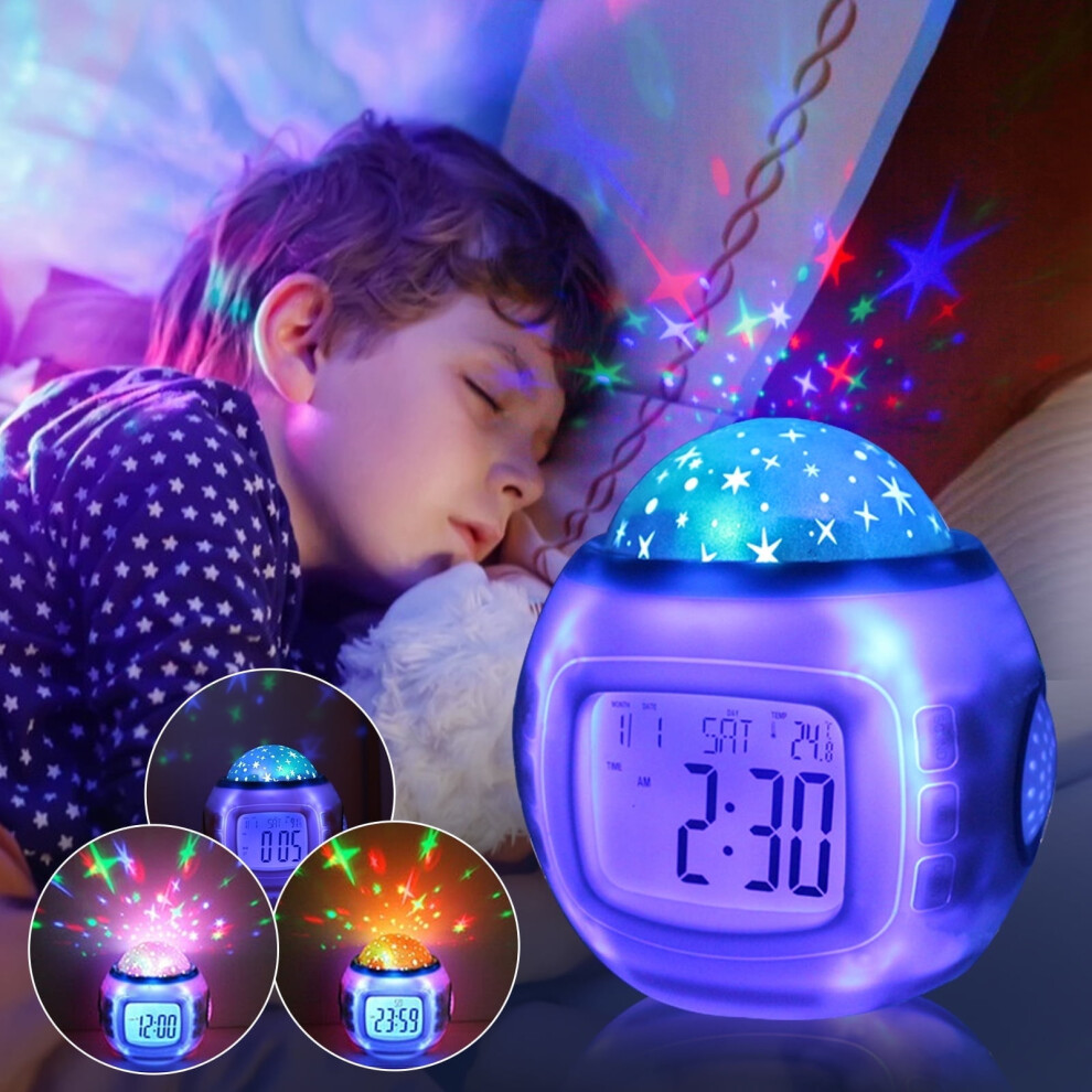 Kids Sleep Clock with Star Projector, LED Alarm, Calendar, Thermometer & Music – Compatible with Kids Bedroom