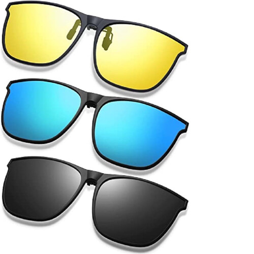 Conjunto de 3 lentes de plástico para óculos de sol com encaixe, modelo retangular e flip-up.