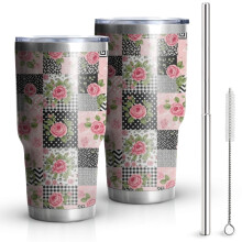 Copo térmico Pioneer Flower de 887 ml com estampa floral, parede dupla com isolamento a vácuo, tampa à prova de vazamentos e livre de BPA, canudos