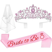 3-delige decoratieset voor een vrijgezellenfeest: bruidskroon, bruidssjerp en sluier (roze) – Geschikt voor diverse thema's voor vrijgezellenfeesten