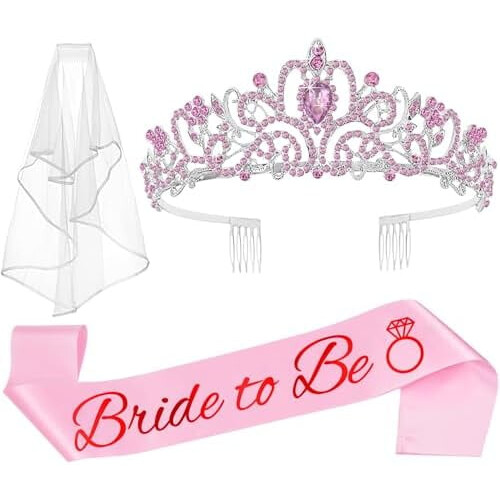 Διακοσμητικά 3 τεμαχίων για πάρτι Bachelorette: Στέμμα, Ζώνη Νύφης & Πέπλο (Ροζ) –