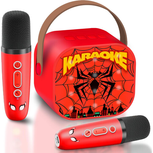 Spider-Themed Mini Karaoke Machine with 2 Microphones & Magic Voice Effects