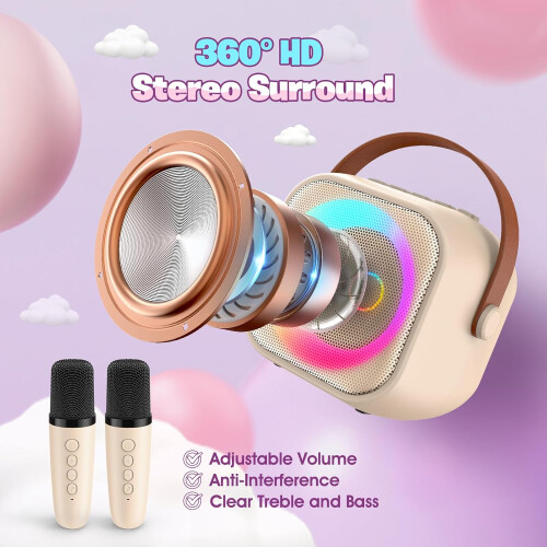 Kids Karaoke Machine with 2 Microphones LED Beige 2