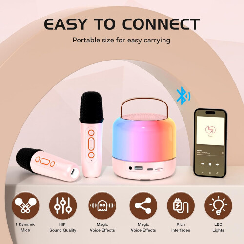 Portable Pink Karaoke Machine with Dual Microphones 2