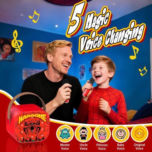 Spider-Themed Mini Karaoke Machine with 2 Microphones & Magic Voice Effects 1