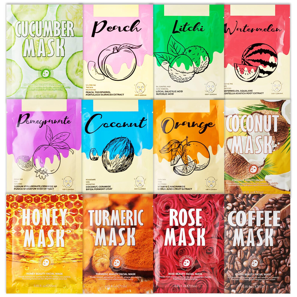 Nimisyra Pack Of 12 Face Sheet Masks, Face Masks Skincare, Face Masks Beauty, Sheet Face Mask, Skincare Hydrating & Nourishing Sheet Masks, Beauty Multipack