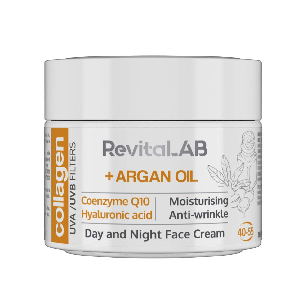 Revitalab Day And Night Collagen Anti-Ageing Moisturiser, Enriched With Hyaluronic Acid, Q10, Argan Oil And A Uva/Uvb Filter, For Ages 40 ? 55, 50 Ml