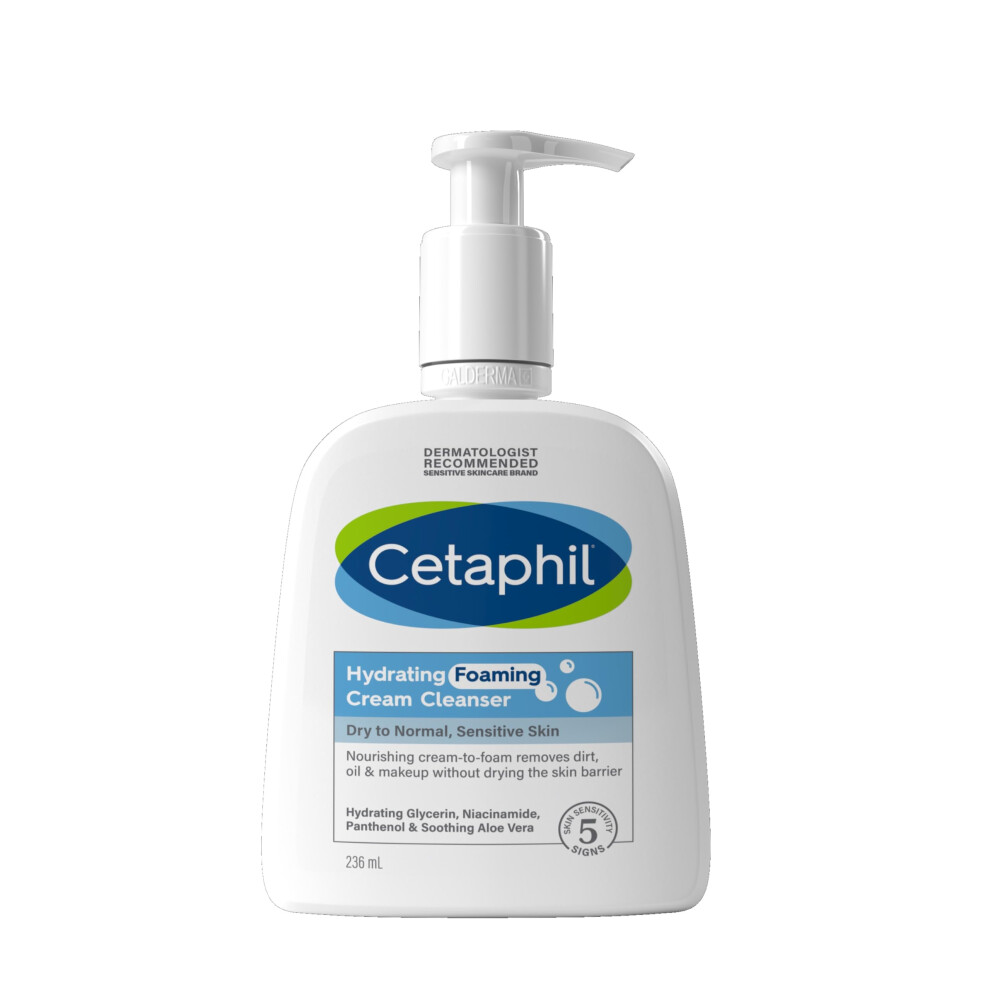 Cetaphil Hydrating Foaming Cream Cleanser And Makeup Remover, 236Ml, Face Wash With Niacinamide For Normal, Dry Or Sensitive Skin, Vegan-Friendly