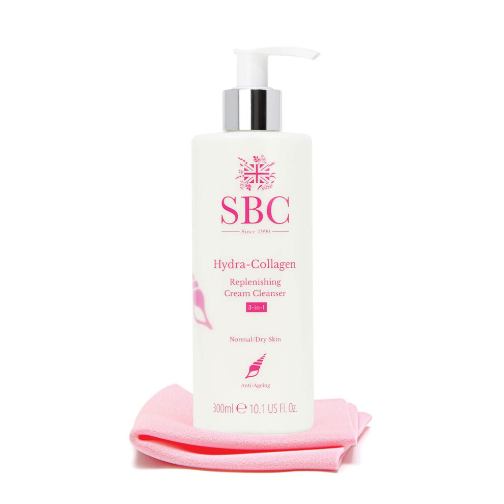 Sbc Cream Skincare Hydra-Collagen Replenishing Cleanser With Skin Shammy 300Ml, Anti-Ageing Collagen Facial Cleanser, Removes Make-Up, Cleanses,