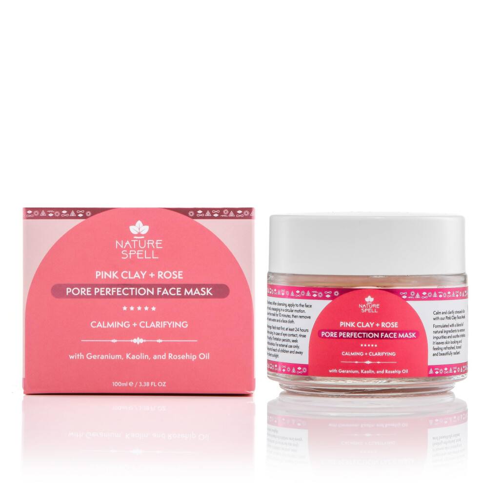 Nature Spell Pink Clay & Rose Pore Perfection Face Mask, Clarifies & Tightens Pores Whilst Hydrating Tired Skin, Suitable For Vegans, 100Ml