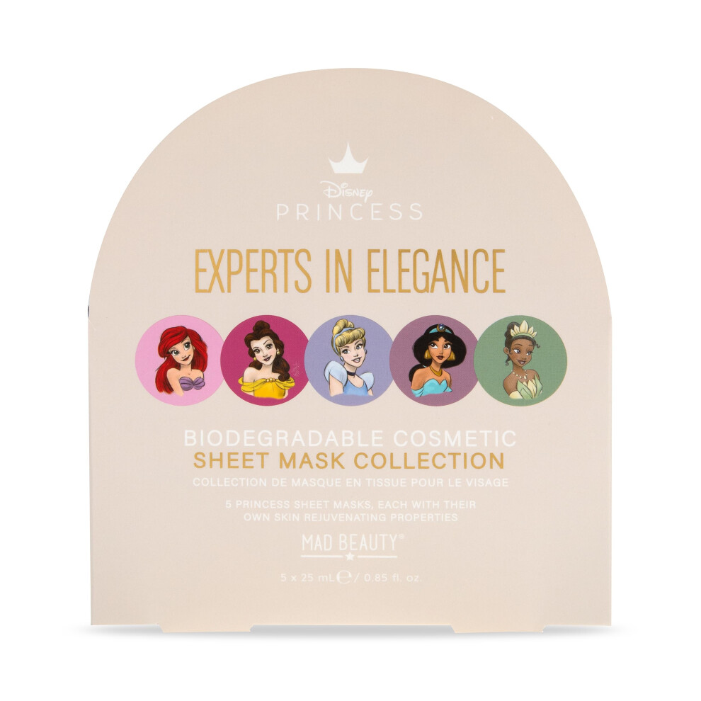 Mad Beauty Green/Lavender Disney Princess Face Mask Set 5-Pack | | Tiana, Belle, Jasmine, Cinderella, Ariel | Tea, Pomegranate, Coconut, Cucumber |