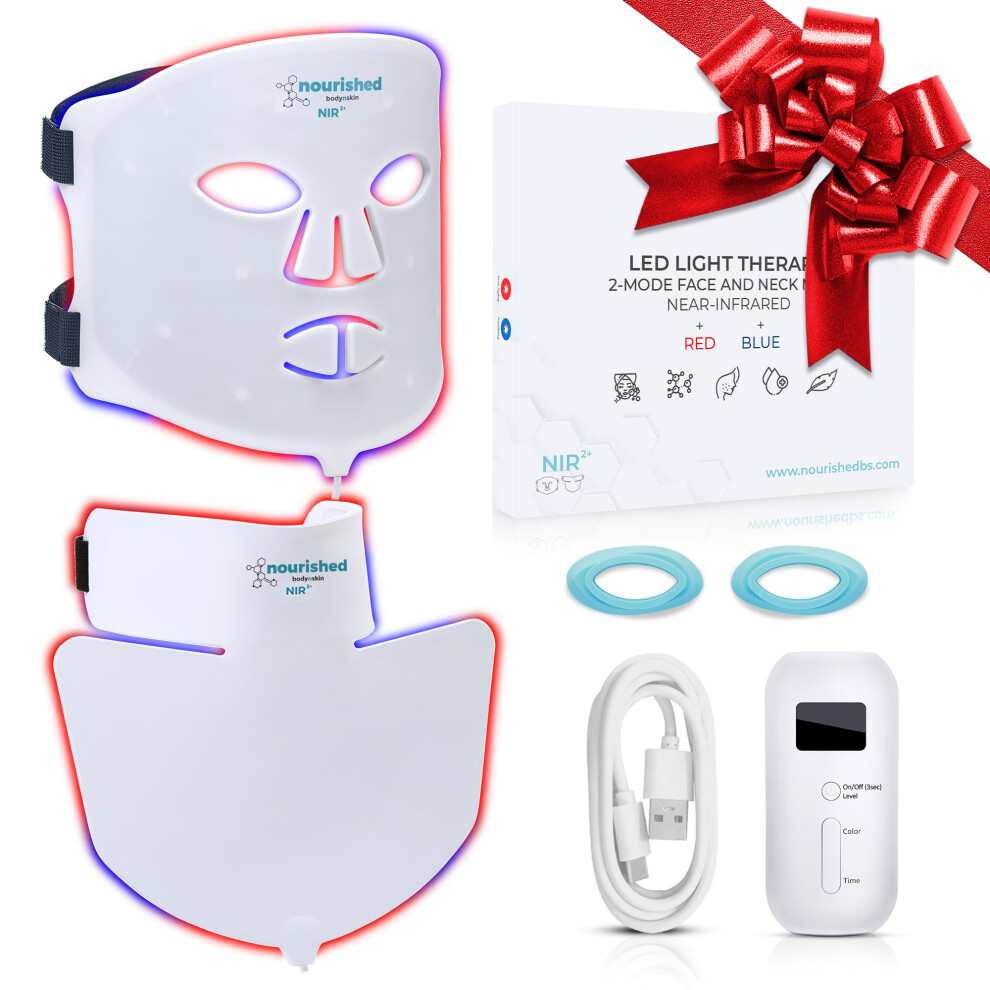 Nourished Bodynskin Blue/Red/Light Led Face And Neck Mask With Near-Infra - Therapy For Face - 228 Leds - Skincare Tool For Wrinkles, Anti-Aging