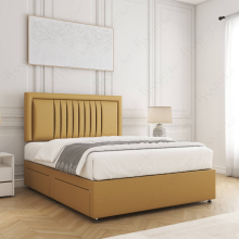 (Mustard, 4ft6" Double (with Mattress))) Canes Divan Bed Plush Velvet 24” Headboard 2 Storage Drawers Mattress
