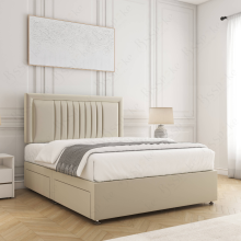 (Cream, 4ft6" Double (with Mattress))) Canes Divan Bed Plush Velvet 24” Headboard 2 Storage Drawers Mattress