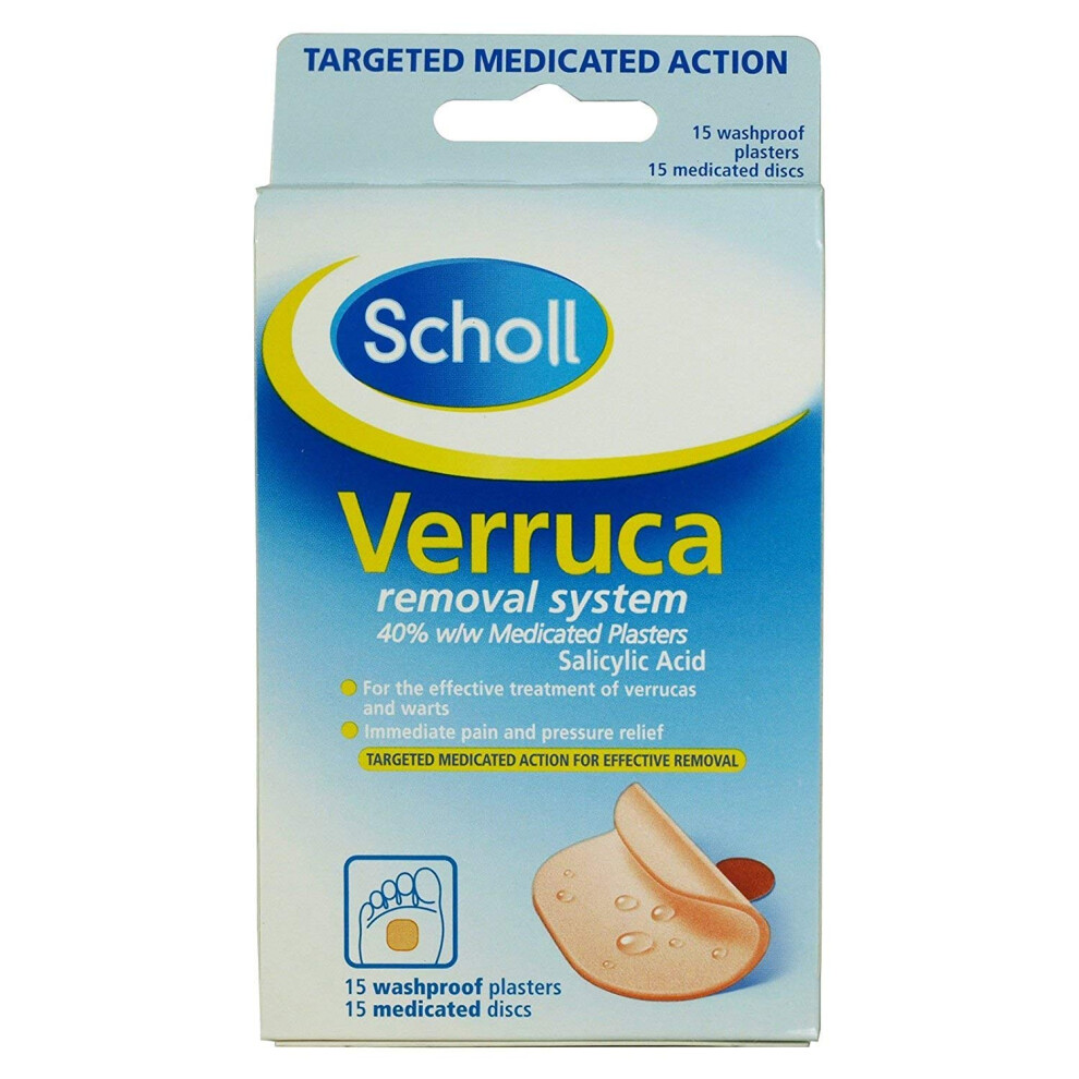 Scholl Verruca Removal System - 15 Washproof Plasters & Medicated Discs, With Salicylic Acid, Targeted Action For Effective Verucc