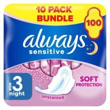 Always Sensitive Ultra Night Sanitary Towels with Wings, Size 3, 100 Towels (10 x 10 Packs), Saving Box, Odour Neutraliser, Super