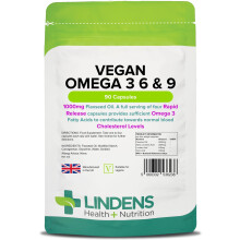 Lindens - Vegan Omega 3, 6 & 9-90 Capsules - 1000mg Flaxseed Oil, UK Made - Essential Omega Fatty Acids, Normal Blood Cholesterol Levels - Brain, Hea