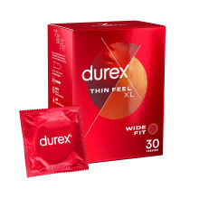 Durex Thin Feel XL Condoms, Wide Fit, 30s, Secure, Tighter, Natural Latex, with Silicone Lube, Easy On Shape