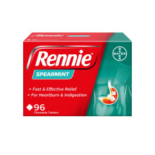 Rennie Spearmint Flavour Antacid, Heartburn and Indigestion Chewable Tablets, 1 pack of 96 tablets - Gets to work in 60 seconds for fast and effectiv