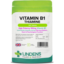 Lindens Vitamin B1 Thiamine Tablets - 100 Pack - for Heart, Immune and Psychological Function & Energy Release - UK Manufacturer, Letterbox Friendly