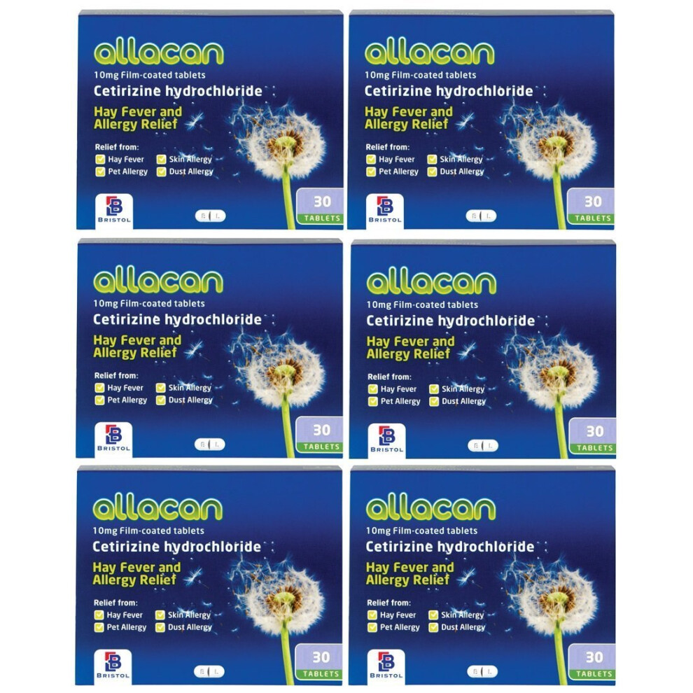 Necalon 6 Months Supply Allacan Cetirizine Hayfever Allergy Tablets 30 X 6
