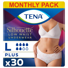 TENA Silhouette Plus Low Waist, 30 pairs of Incontinence Pants (10 x 3 Packs) for Moderate to Heavy Bladder Weakness for Women, Designed for Stylish
