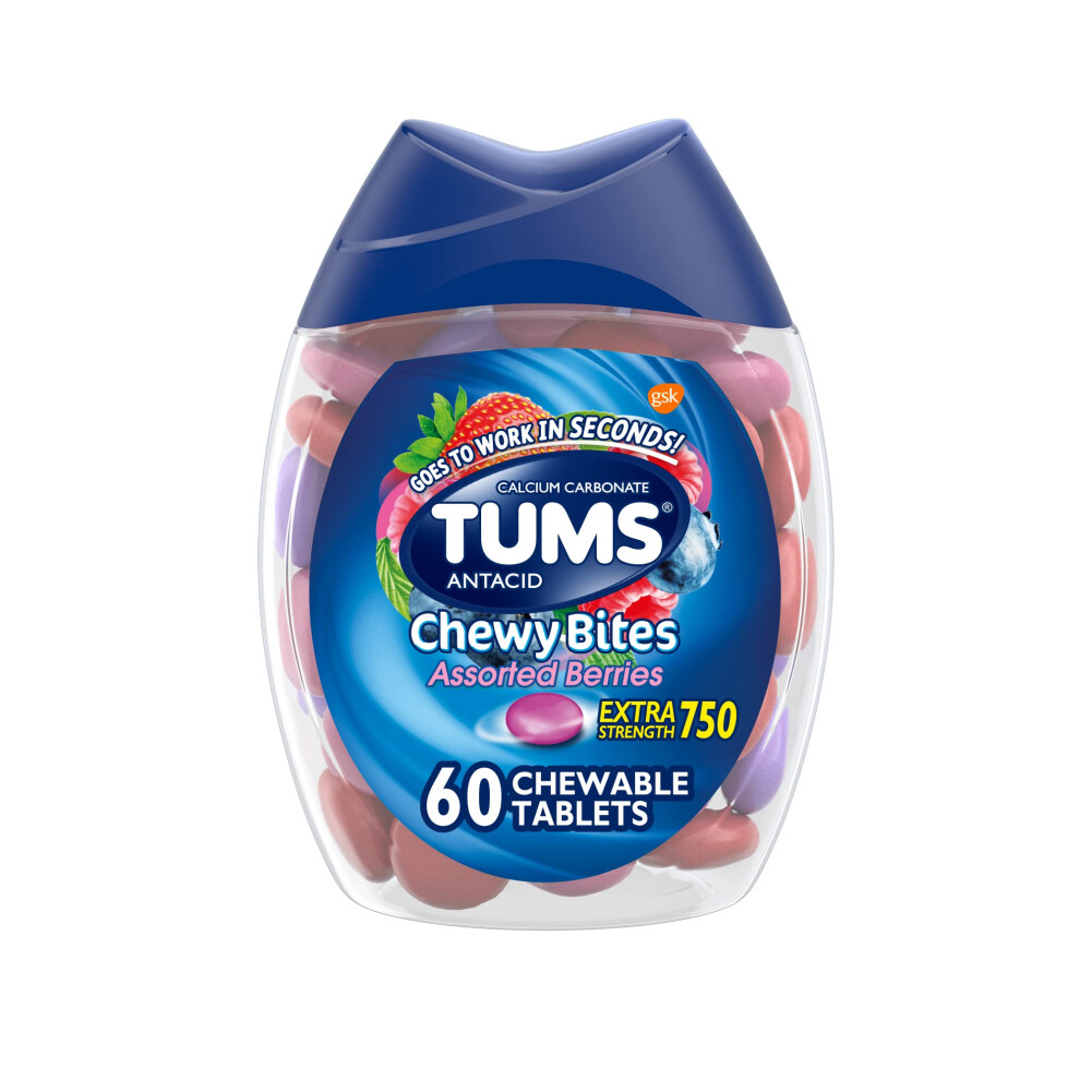 Tums Chewy Bites Antacid Tablets For Chewable Heartburn Relief And Acid Indigestion Relief, Assorted Berries - 60 Count
