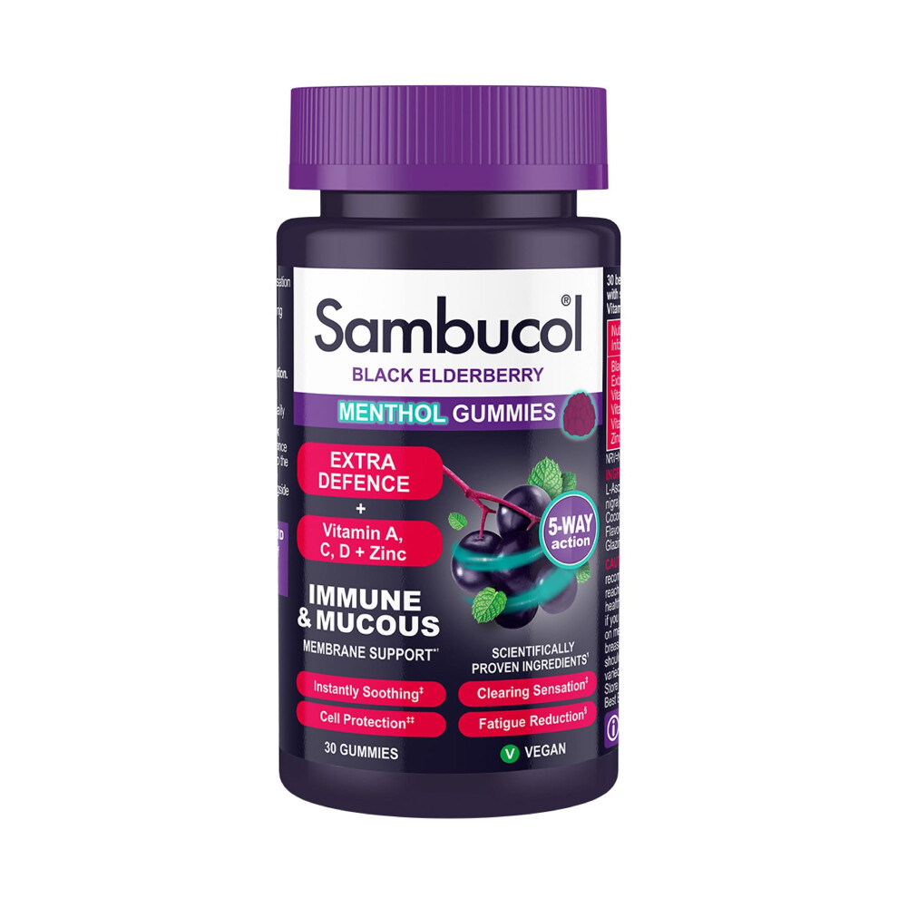 Sambucol Black Natural Elderberry Extra Defence Menthol Gummies |Vitamin A | Vitamin C | Vitamin D | Zinc |Advanced Immune Support