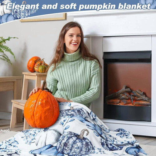 Thanksgiving pompoen plaid deken in Chinoiserie blauw-wit 2