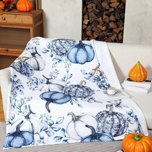 Thanksgiving Pumpkin Throw Blanket Blue White Chinoiserie 1