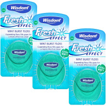 Wisdom Fresh Effect Dental Floss - Pack of 3 x 30m | Mint Flavoured Expanding Waxed Floss for Plaque Removal & Gum Health | Shred-