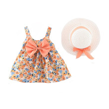 Mouwloze casual jurk met grote strik voor baby meisjes, vintage zomerjurk met bloemenprint en ruches, inclusief hoedje, 2-delige set, maat 1-2 jaar.