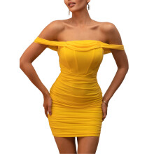 (M, Yellow) Dámské krátké šaty, nabíraná sukně