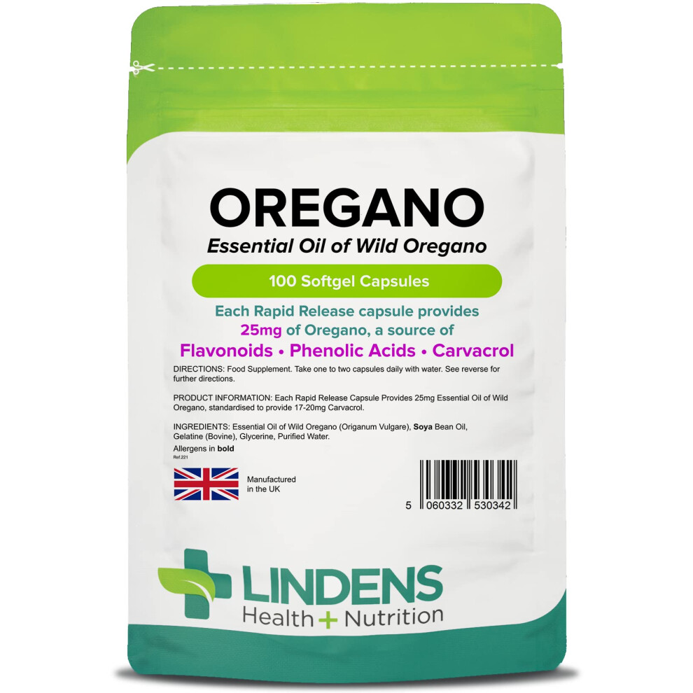 Lindens Oregano Oil 25Mg - 100 Capsules - Uk Made - Natural Source Of Phenolic Acids And Flavonoids - Origanum Vulgare - Easy Swal