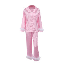 (L, Pink) Dámské pyžamo s peřím, dlouhý rukáv, límec s knoflíky a klopou, top + kalhoty