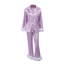 (XL, Purple) Dámské pyžamo s peřím, dlouhý rukáv, límec s knoflíky a klopou, top + kalhoty