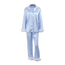 (S, Lake blue) Dámské pyžamo s peřím, dlouhý rukáv, límec s knoflíky a klopou, top + kalhoty
