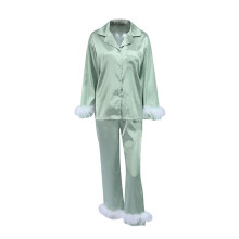 (XL, Green) Dámské pyžamo s peřím, dlouhý rukáv, límec s knoflíky a klopou, top + kalhoty