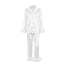 (XL, White) Dámské pyžamo s peřím, dlouhý rukáv, límec s knoflíky a klopou, top + kalhoty