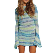 (M, Blue) Robe femme, manches rayée, mi-longue