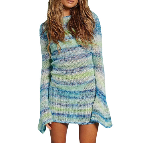 (M, Blue) Robe femme, manches rayée, mi-longue