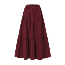 (XXXL, Wine Red) Womens Casual Long Skirts, Solid Color Pleated Big Hem Elastic Waist Loose Fit Skirts, Simple Style Bottoms