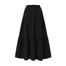 (L, Black) Womens Casual Long Skirts, Solid Color Pleated Big Hem Elastic Waist Loose Fit Skirts, Simple Style Bottoms