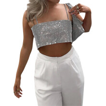 (S, Silver) Débardeur sexy à sequins pour femme, crop top décolleté idéal pour soirées d'été en ville.